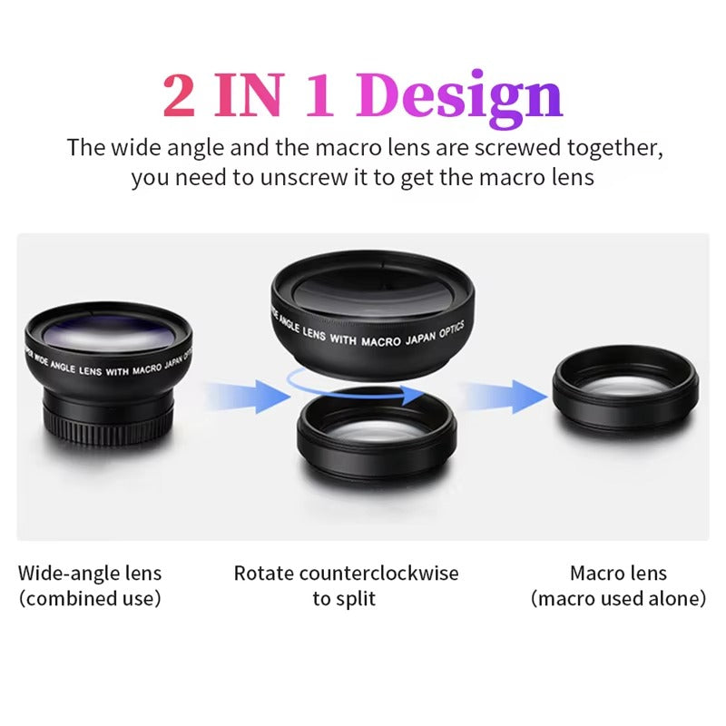 Premium 2-in-1 Mobile Phone Lens Kit – 0.45X Super Wide-Angle +On Lens with 37mm Universal Mount for Apple iPhone Photography