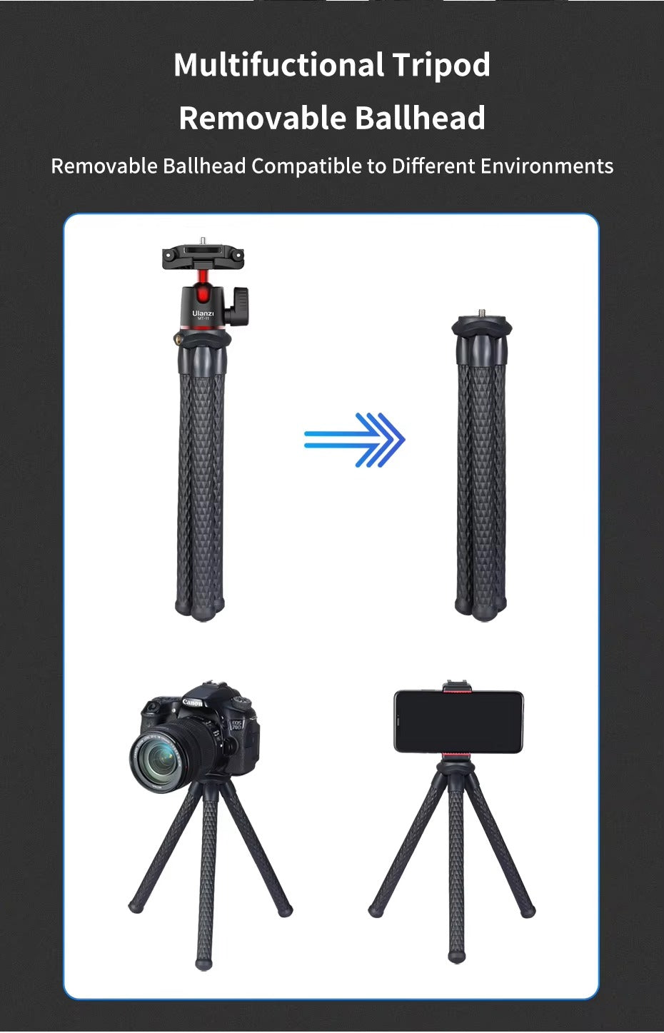 Robust, Flexible Octopus Tripod with Ball Head – Extendable 1/4'' Screw, Cold Shoe, Phone Clip for Camera, and Apple iPhone