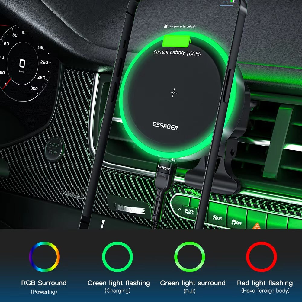 Premium, RGB, Magnetic Car Phone Holder, with 15W Qi Wireless Charging, Dashboard or Vent Mount, Fast Charger Stand for iPhone