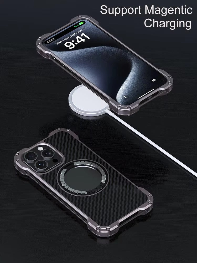 Robust Apple iPhone Case, MagSafe Compatible, Camera Lens & Screen Protection, Ultra Thin, Shockproof, Magnetic Full All Around Cover – Carbon Fiber Aluminum Alloy Case with Built-In Holder Ring & Lightweight Frame