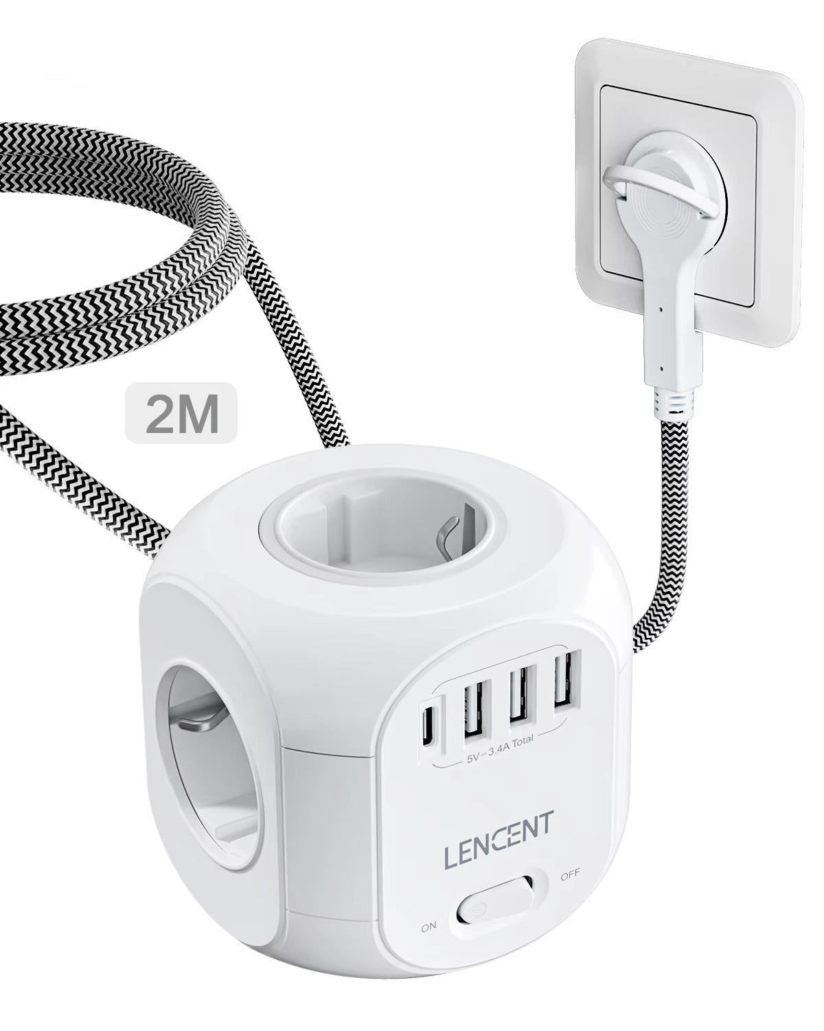 Premium, EU Plug Power Strip with 4 AC Outlets, 3 USB Ports, 1 Type-C, 2M/3M Braided Cable – Multi Socket Extension for Home