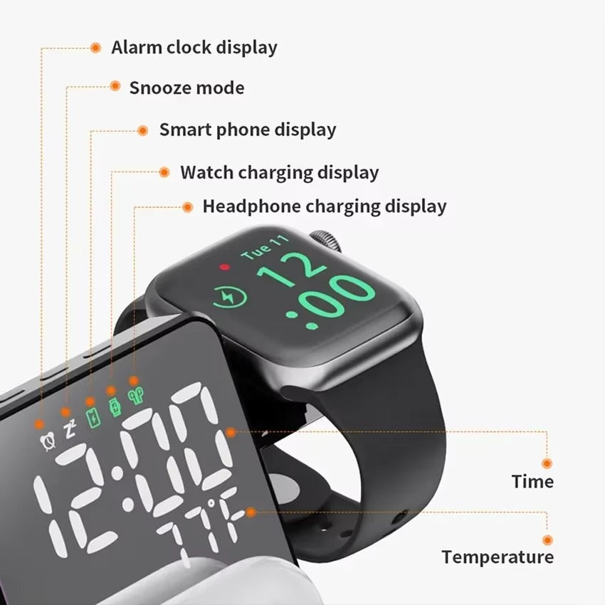 Premium 4 in 1 Wireless Charging Station with Alarm Clock – Fast Charger Stand for iPhone, Apple Watch, AirPods, Samsung Galaxy, Temperature & Date Display