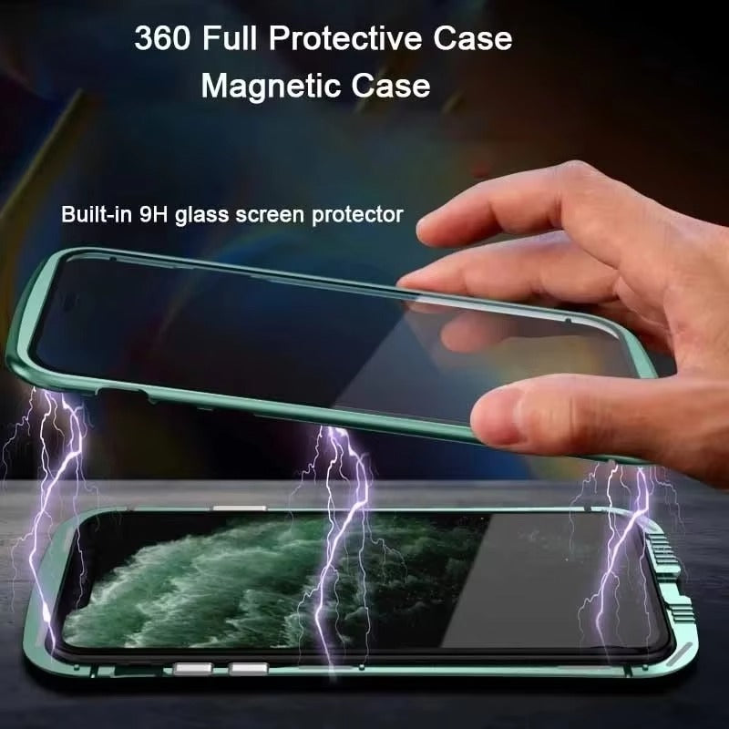 Premium Apple iPhone Case MagSafe Compatible, Camera Lens & Screen Protection Cover with Double Glass Snap Lock