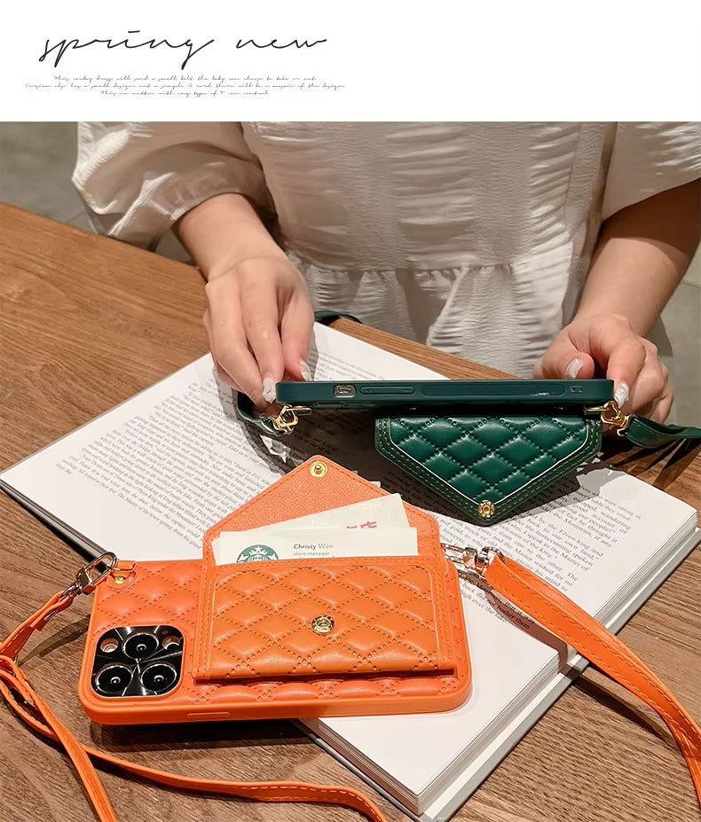 Luxury Apple iPhone Case, MagSafe Compatible, Camera Lens & Screen Protection, Ultra Thin, Shockproof, Magnetic Full All Around Cover – Rhombic Pattern PU Leather Card Holder Case with Lanyard Strap