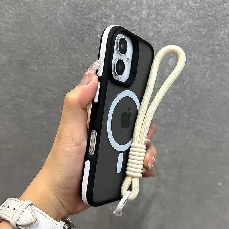 Luxury Apple iPhone Case Ultra Thin Shockproof Magnetic Full All Around Protection Cover with Matte Stand & Wrist Strap