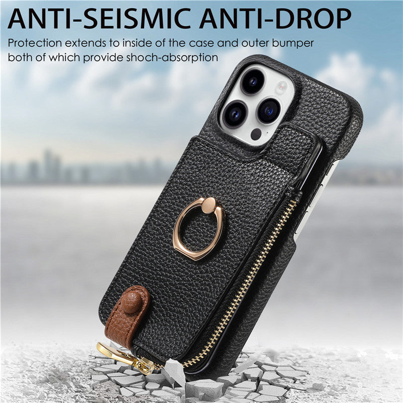 Luxury Leather Zipper Wallet iPhone Case – Card Holder, Ring Kickstand, Shockproof Cover for iPhone Models
