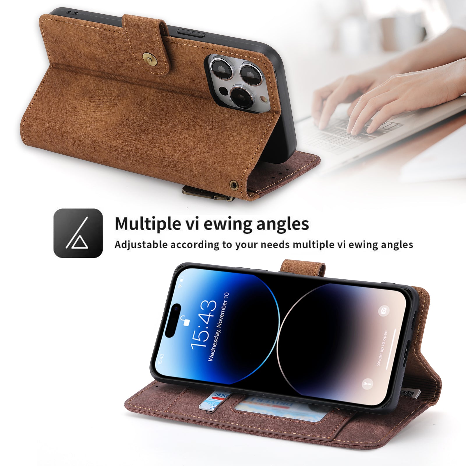 RFID Blocking Leather Wallet iPhone Case – Zipper Flip Cover, Card Slot Holder, Magnetic Stand, Shockproof Protection, Premium Design for iPhone