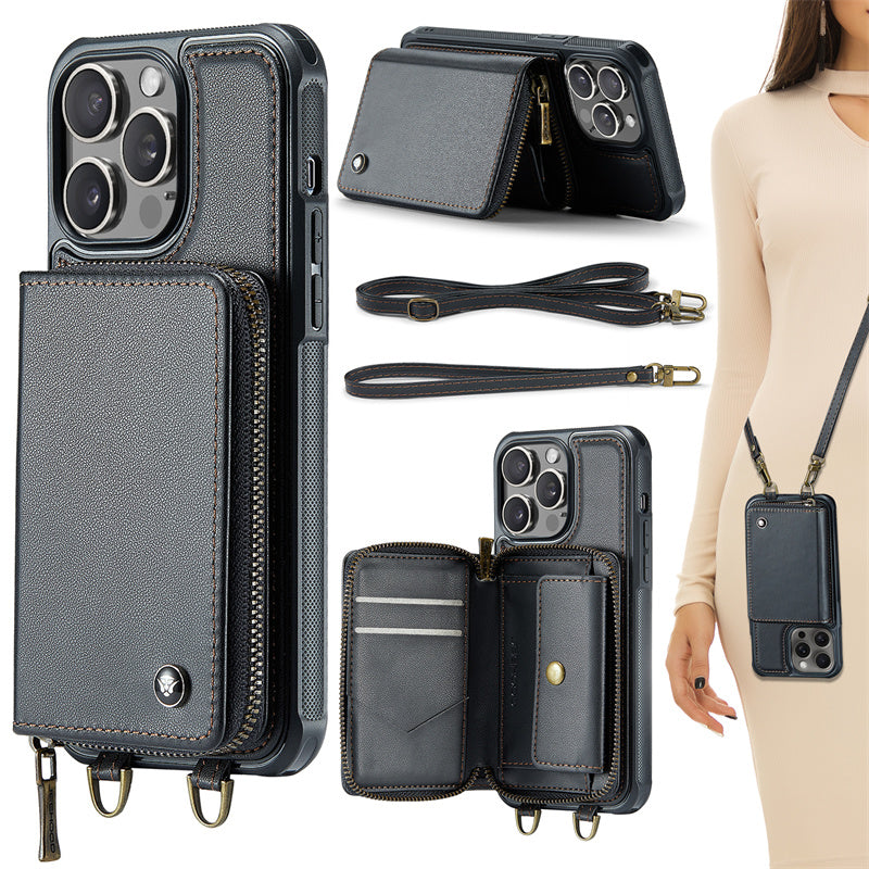 Luxury Leather Wallet Crossbody iPhone Case – Card Slot Holder, Stand Function, Hand Lanyard Strap, Shockproof Protection for iPhone