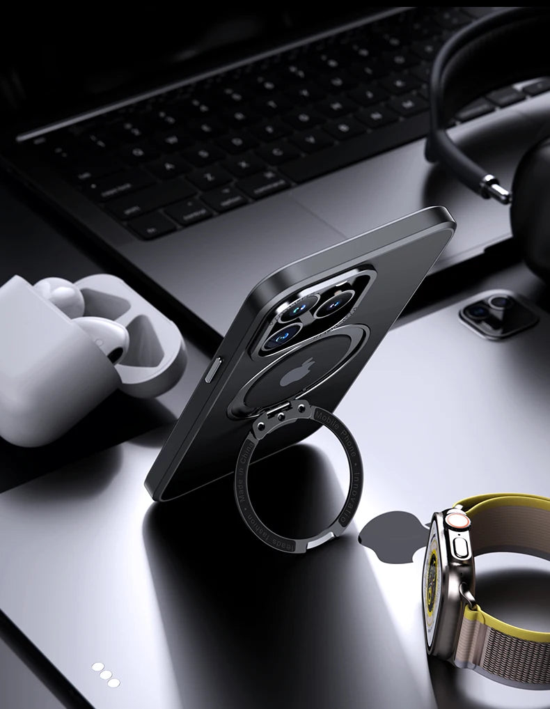 Luxury Magnetic 360° Rotating Stand Frosted Transparent Cover with Ring Holder Shockproof & Hands-Free Design Case for iPhone