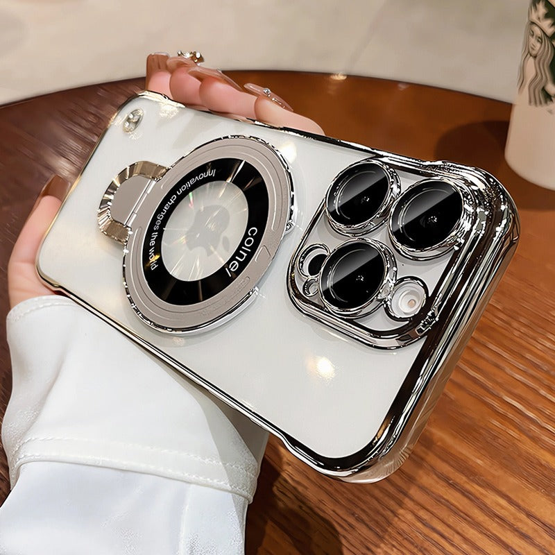 Frameless MagSafe Case with Logo Hole – Transparent Plating Slim Bracket for iPhone Models, Sleek and Durable Design