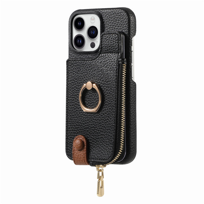 Luxury Leather Zipper Wallet iPhone Case – Card Holder, Ring Kickstand, Shockproof Cover for iPhone Models