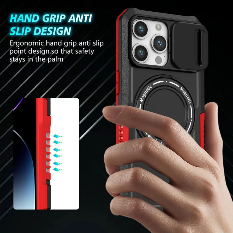 MagSafe Armor iPhone Case – Magnetic Holder, Wireless Charging, Slide Camera Protection, Full-Body Cover for iPhone Models