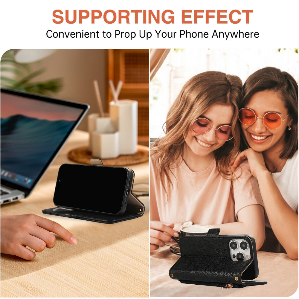 Luxury Crossbody Zipper Wallet iPhone Case – Leather Card Holder, Hands-Free Strap, Shockproof Protection, and Stylish Design for Ultimate Convenience