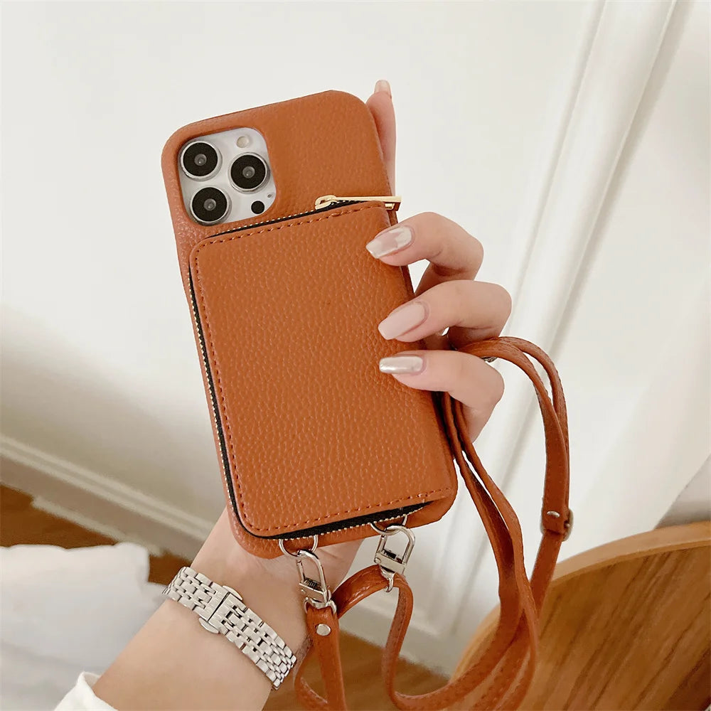Luxury Zipper Wallet Crossbody iPhone Case – Leather Cover with , Shoulder Lanyard, and Full Protection for iPhone Models