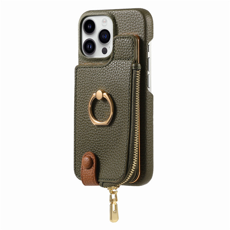 Luxury Leather Zipper Wallet iPhone Case – Card Holder, Ring Kickstand, Shockproof Cover for iPhone Models
