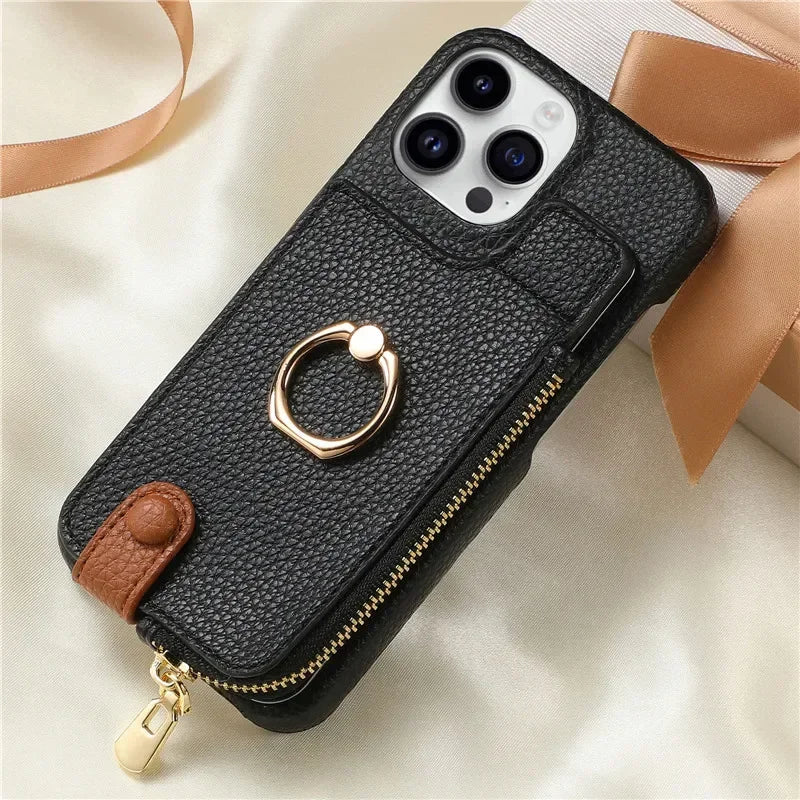 Luxury Leather Zipper Wallet iPhone Case – Card Holder, Ring Kickstand, Shockproof Cover for iPhone Models