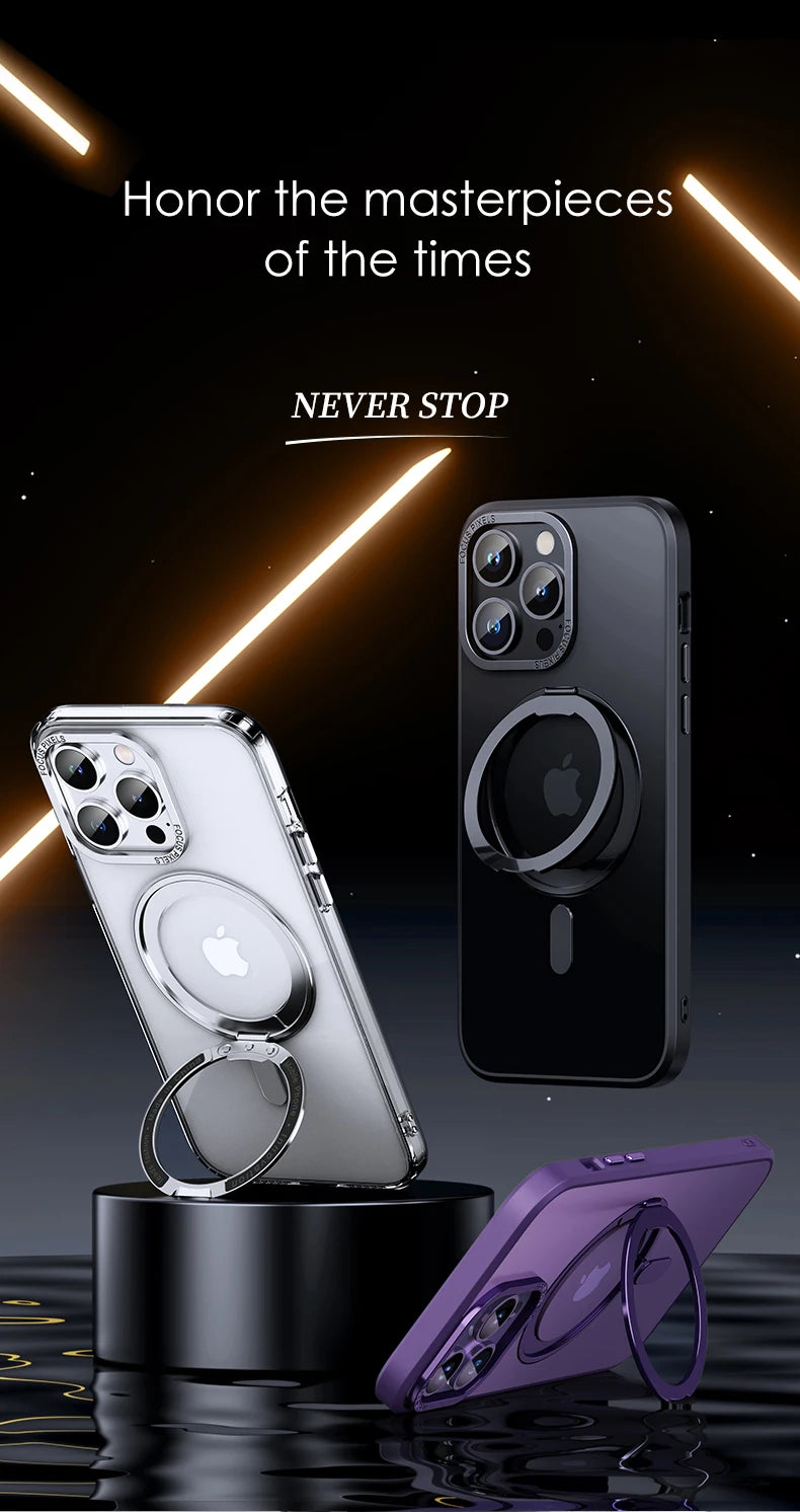 Luxury Magnetic 360° Rotating Stand Frosted Transparent Cover with Ring Holder Shockproof & Hands-Free Design Case for iPhone