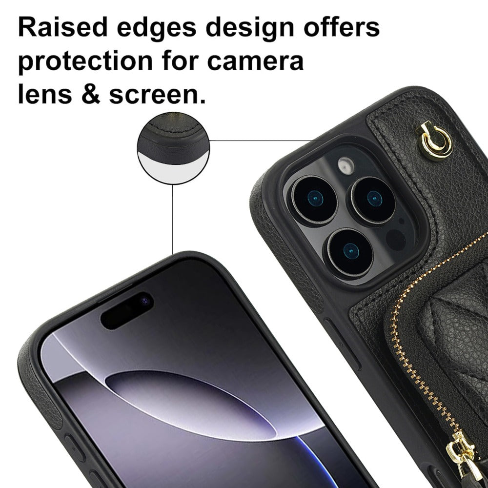 Luxury Crossbody Lanyard iPhone Case – Zipper Wallet Leather Cover with Card Holder, and Full Protection for iPhone Models