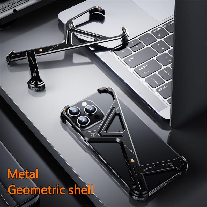 Luxury Geometric Metal iPhone Case – Aluminum Alloy Shockproof Cover with Stand for iPhone Models Stylish and Durable Design