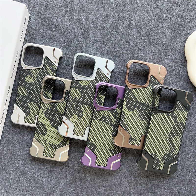 Camouflage Metal Armor Case Frameless Real Carbon Fiber Cover with Built-In Magnet for iPhone Models, Durable and Protection