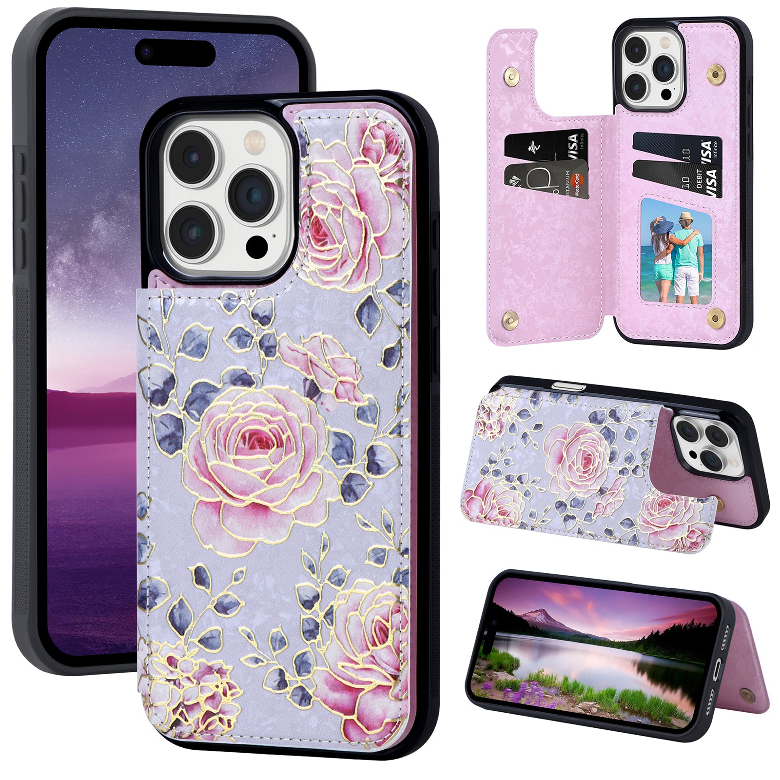 Hot Stamped Floral Wallet iPhone Case – Card Slots Magnetic Closure, Elegant Leather Design, Shockproof Protection for iPhone