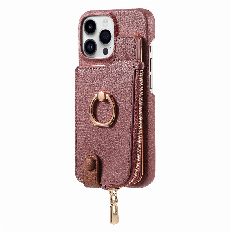 Luxury Leather Zipper Wallet iPhone Case – Card Holder, Ring Kickstand, Shockproof Cover for iPhone Models
