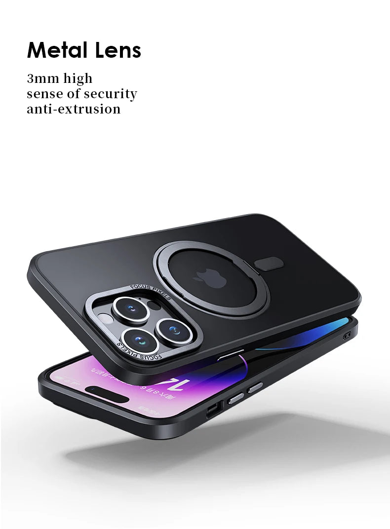 Luxury Magnetic 360° Rotating Stand Frosted Transparent Cover with Ring Holder Shockproof & Hands-Free Design Case for iPhone