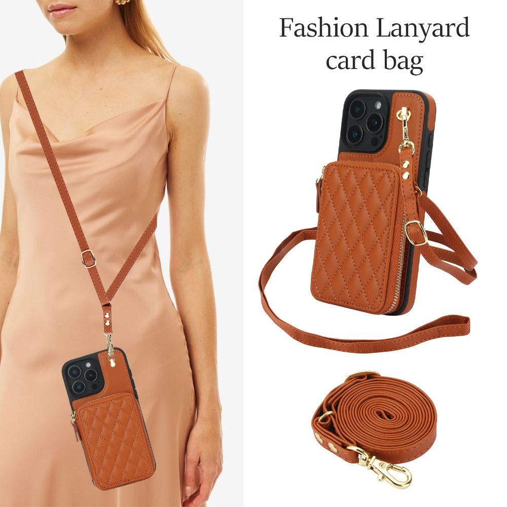 Luxury Crossbody Lanyard iPhone Case – Zipper Wallet Leather Cover with Card Holder, and Full Protection for iPhone Models