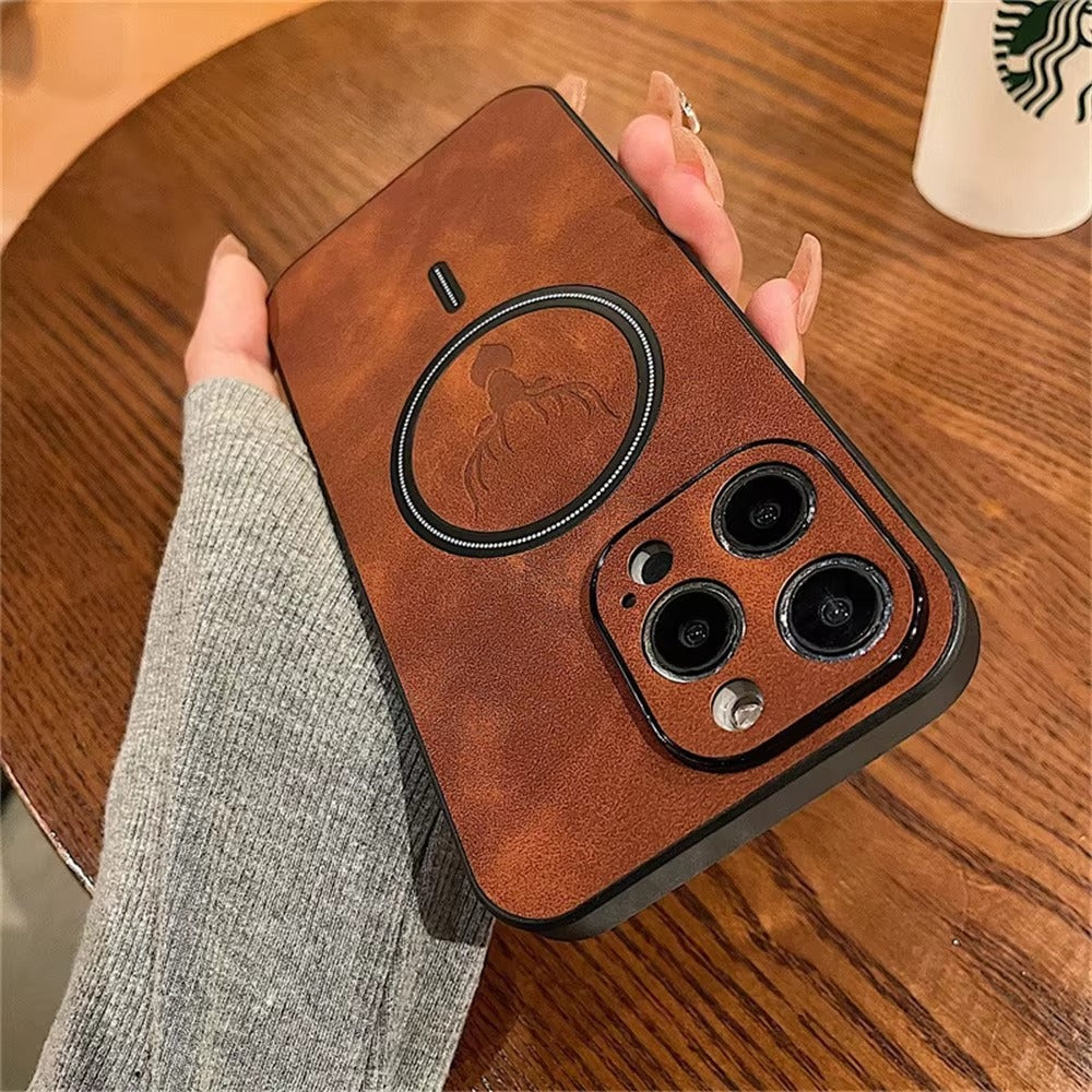 Luxury PU Leather MagSafe iPhone Case – Deer Embossed Design, Stylish & Durable Full Protection Cover | Case for iPhone
