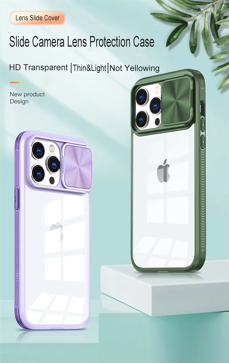 High Quality Apple iPhone Case MagSafe Compatible, Camera Lens & Screen Protection, Cover with Slide Lens & Clear PC Bumper