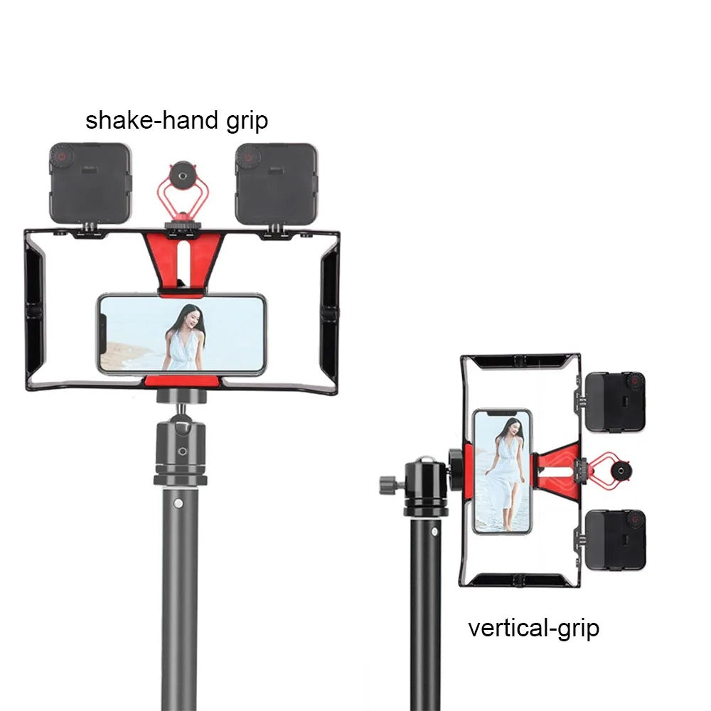Robust Smartphone Video Rig Stabilizer with Dual Handgrips – Universal Handheld Phone Cage for YouTube, Live Streaming, Vlogging, LED & Mic Mount