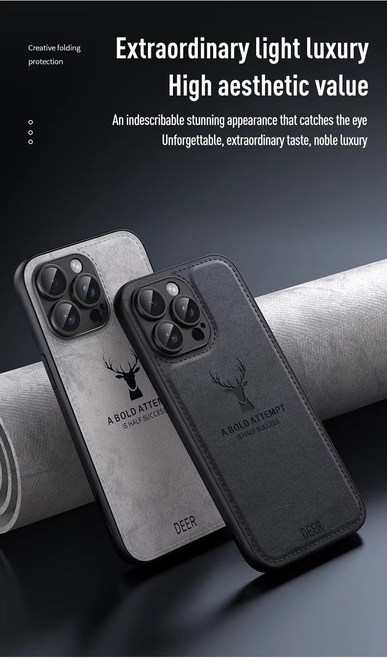 Luxury Cloth Leather Texture iPhone Case – Deer Head Pattern, Shockproof, Stylish Design for Daily Use | Case for iPhone