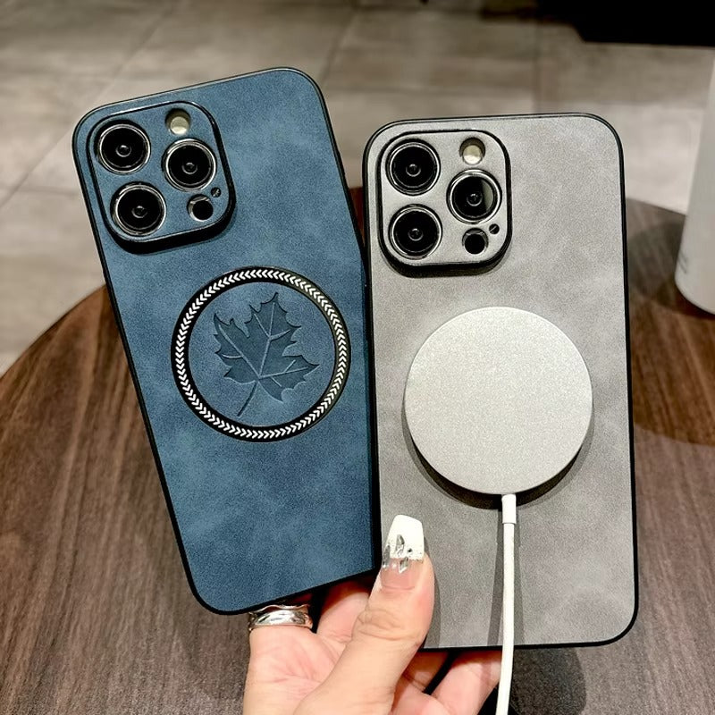 Premium Retro Leather Maple Leaf iPhone Case – MagSafe Charging, Stylish & Durable Full Protection Cover | Case for iPhone