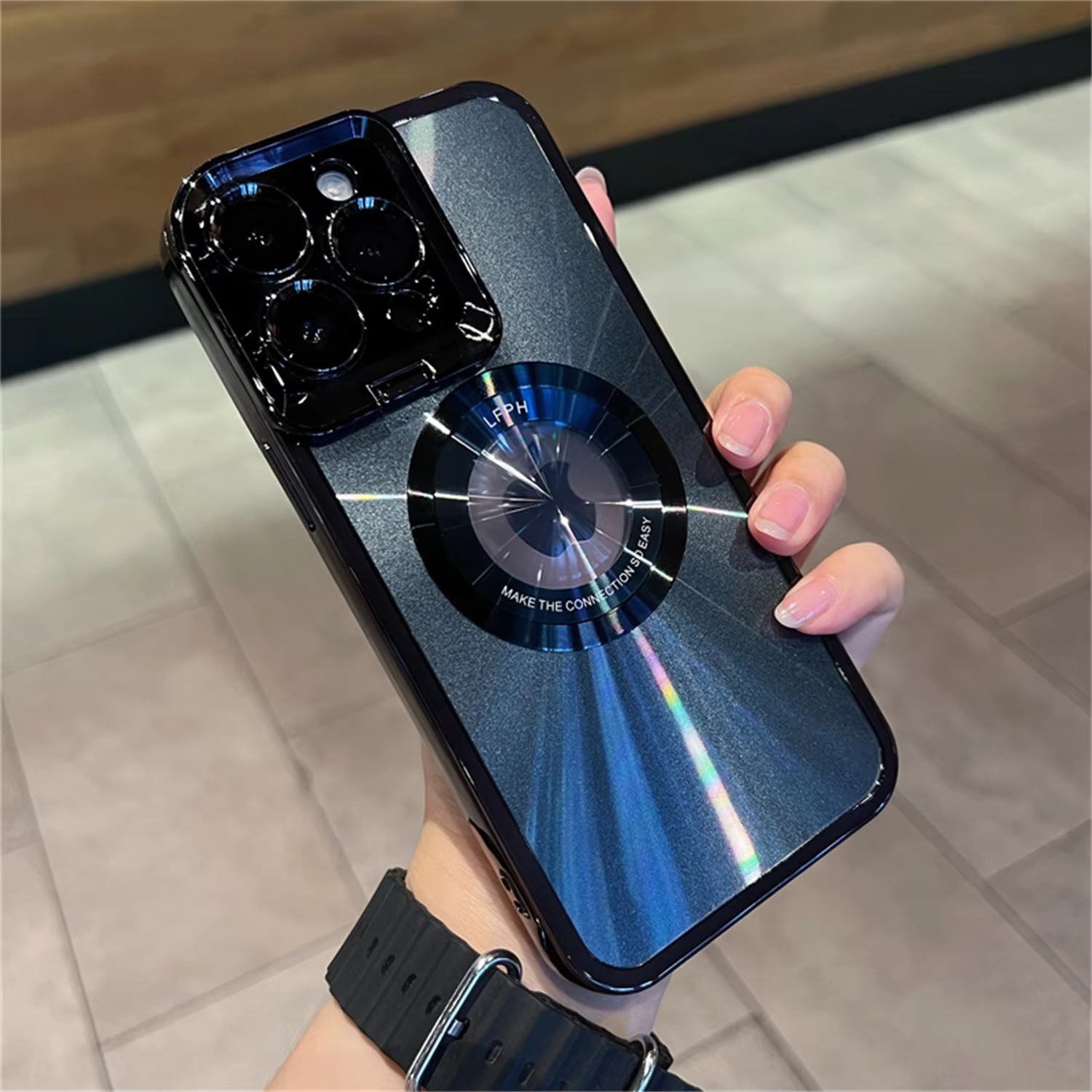 Aurora MagSafe iPhone Case - Plating CD Pattern, Logo Hole Design, Stand Bracket, Magnetic Wireless Charging Case for iPhone