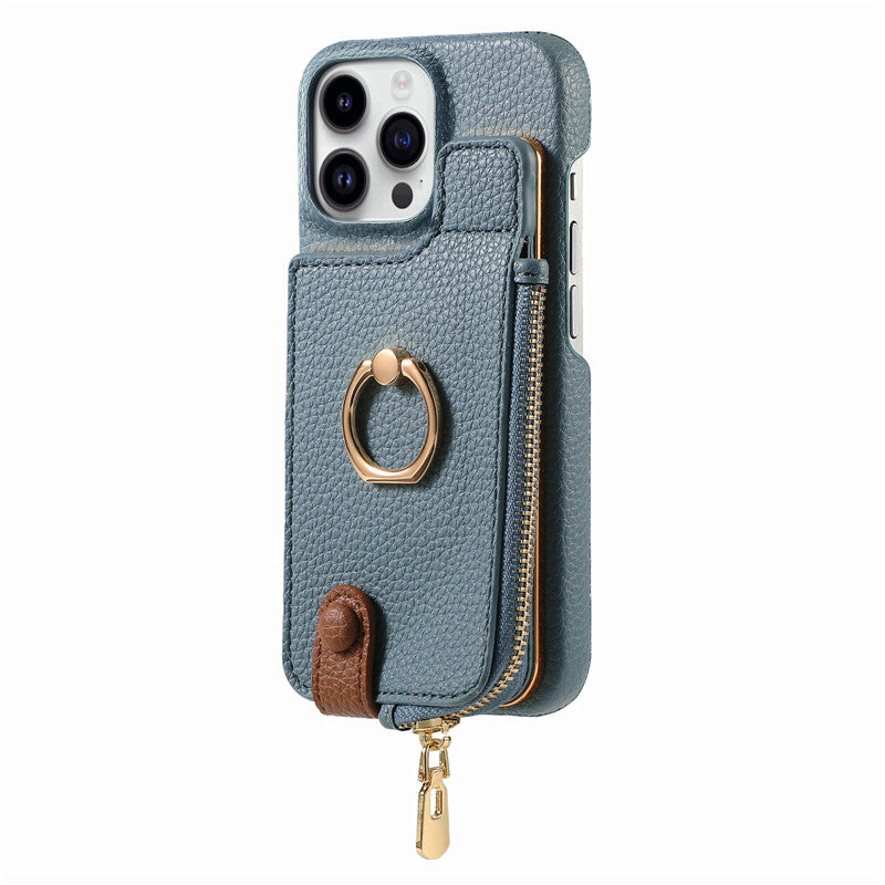 Luxury Leather Zipper Wallet iPhone Case – Card Holder, Ring Kickstand, Shockproof Cover for iPhone Models