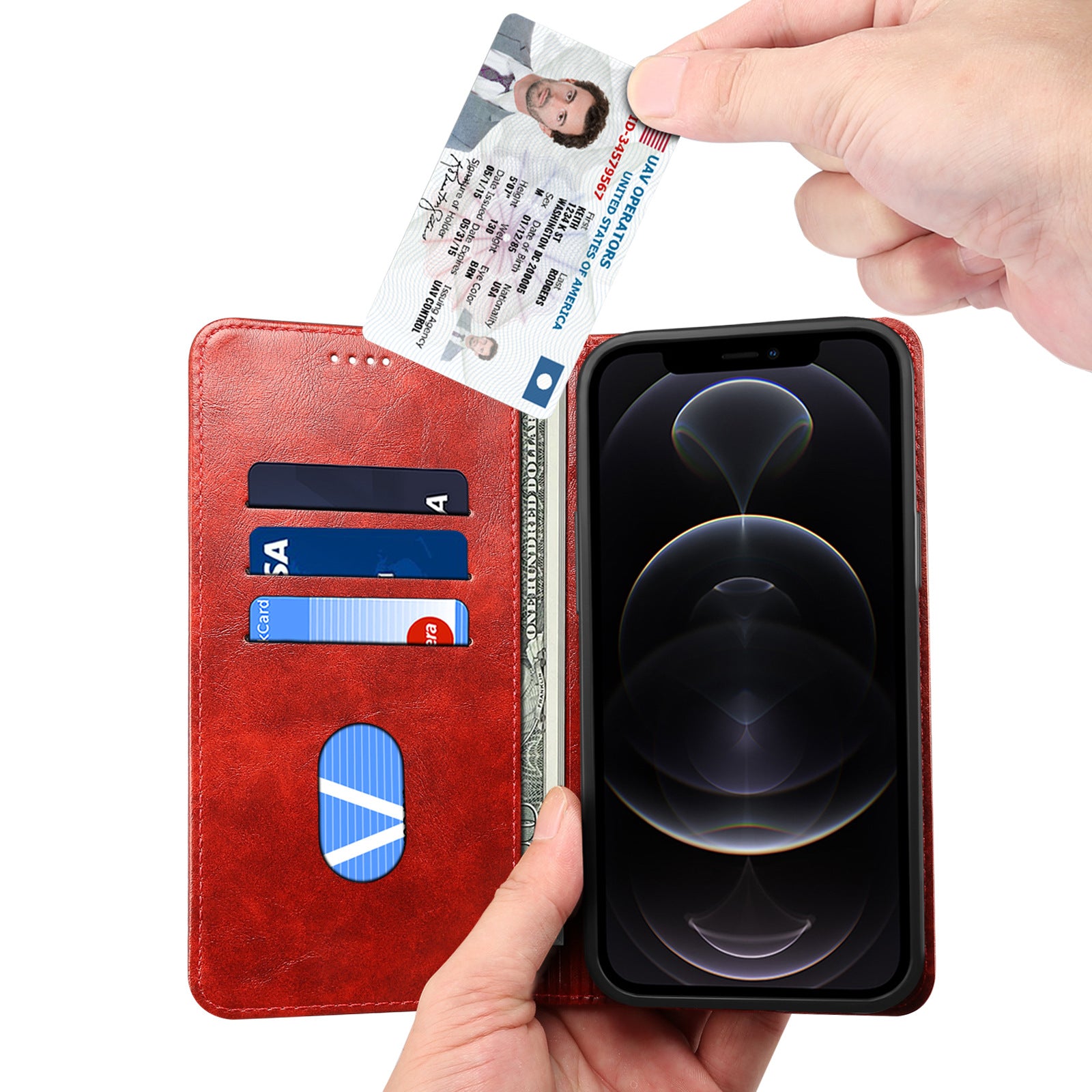 Luxury Genuine Leather Wallet Flip iPhone Case – Magnetic Closure, Card Holder, Stand Function, Shockproof Protective Cover, Classic Book-Style Design