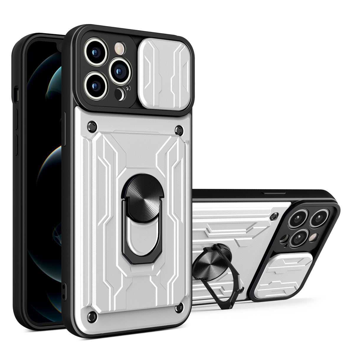 Hidden Slide Card Slot iPhone Case – Lens Protection, Magnetic Ring Stand, Shockproof Cover for iPhone Models