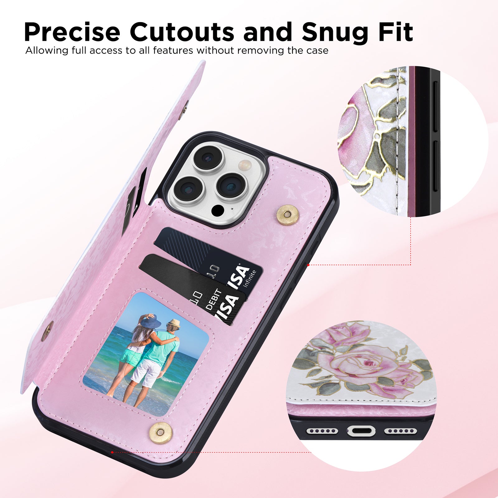 Hot Stamped Floral Wallet iPhone Case – Card Slots Magnetic Closure, Elegant Leather Design, Shockproof Protection for iPhone