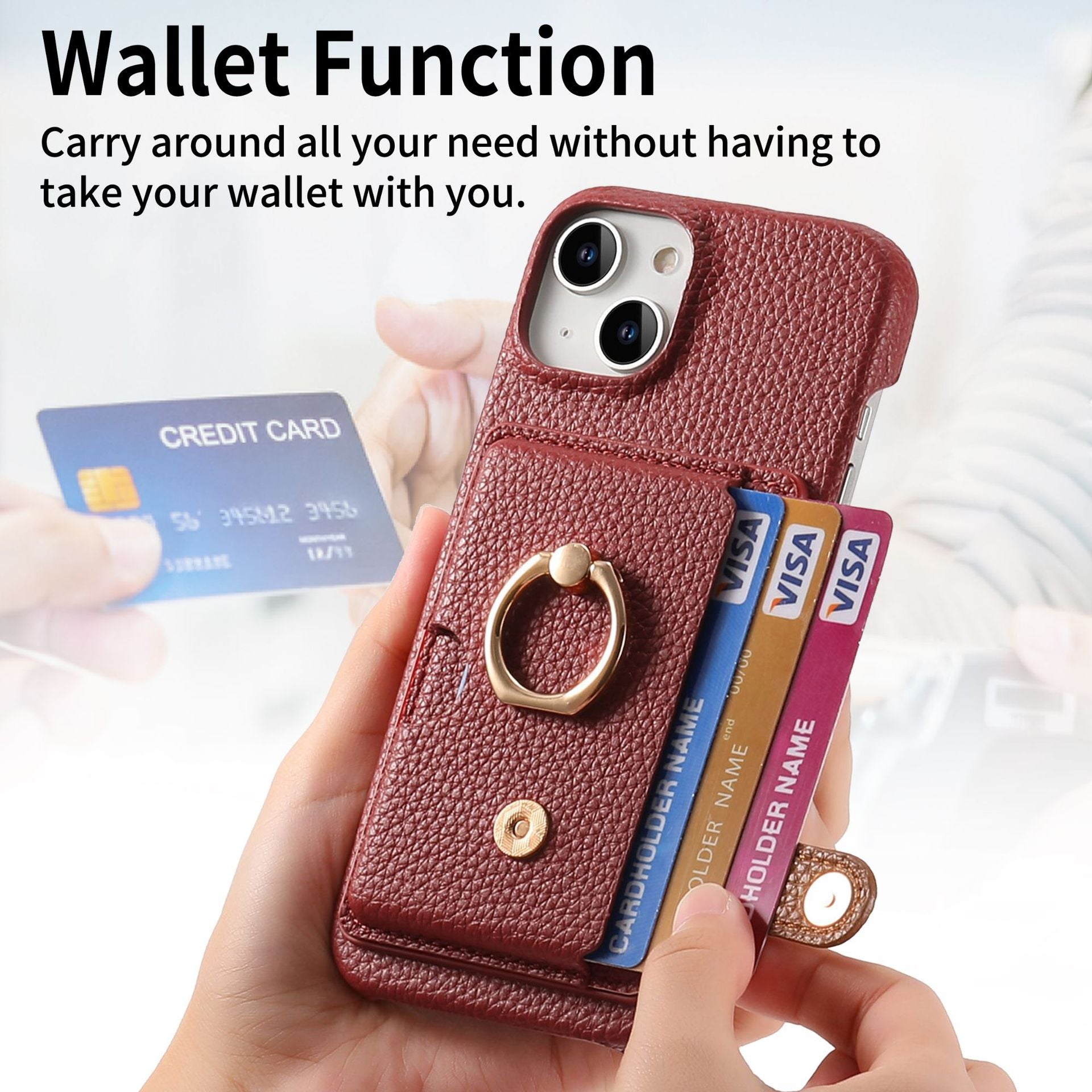 Premium Leather Ring Stand Wallet iPhone Case Card Holder, Magnetic Closure, and Kickstand Support for Hands-Free Convenience