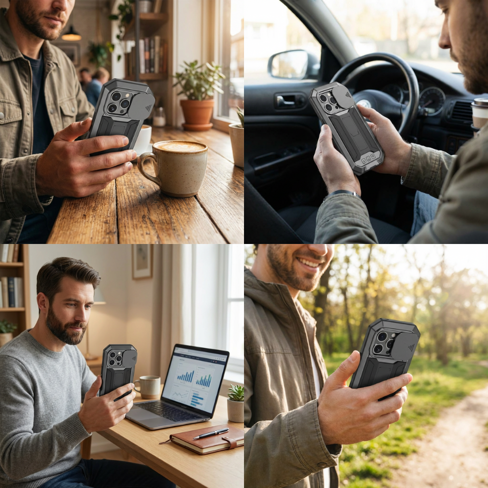 Military Heavy-Duty Metal iPhone Case – Full-Body Hybrid Cover with Slide Camera Protection & Built-in Screen Protector for iPhone Models