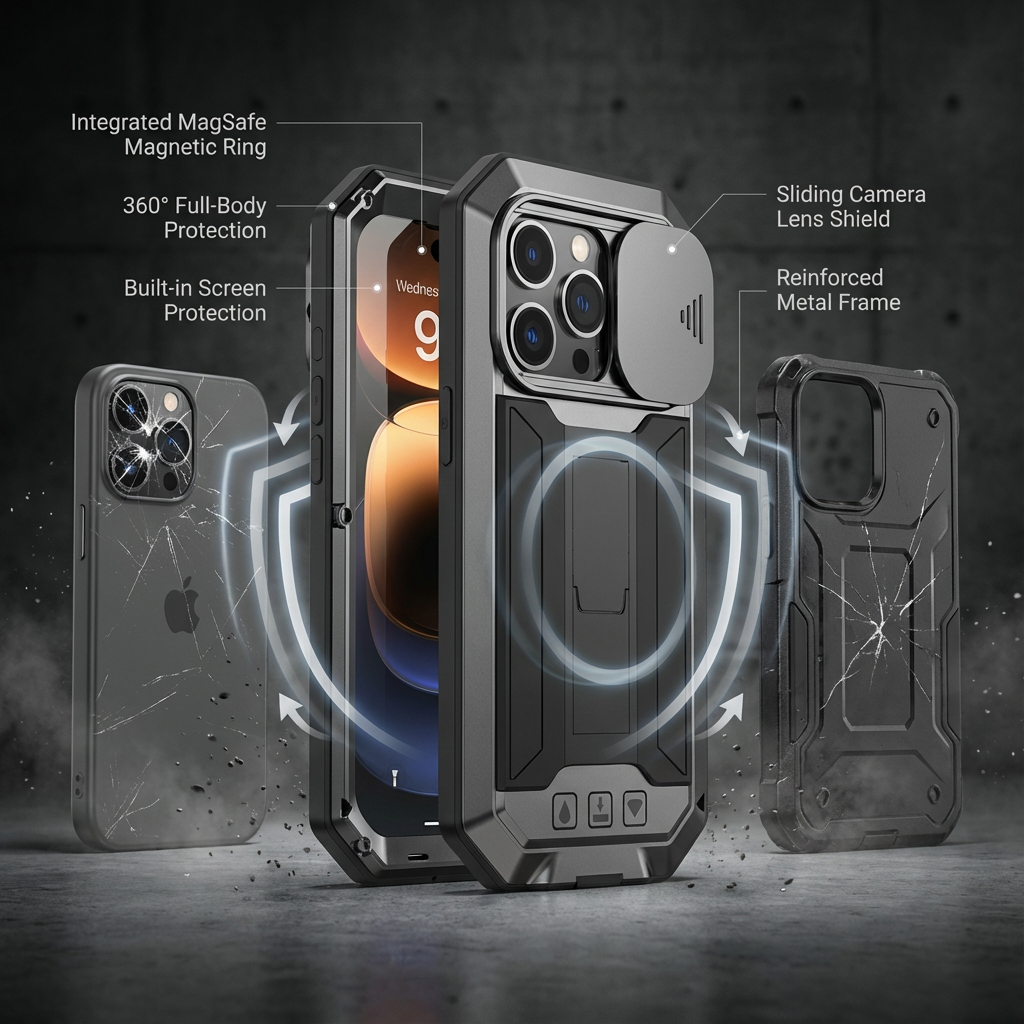 Military Heavy-Duty Metal iPhone Case – Full-Body Hybrid Cover with Slide Camera Protection & Built-in Screen Protector for iPhone Models
