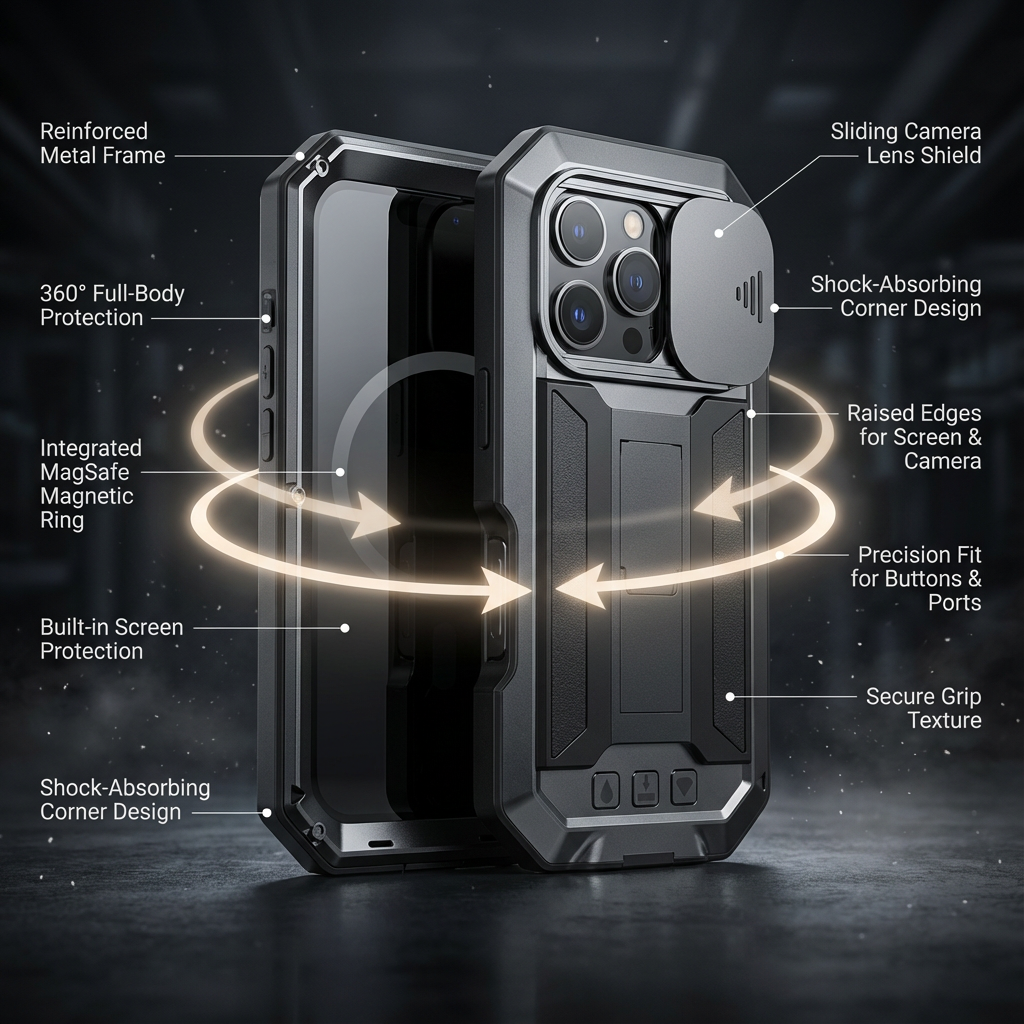 Military Heavy-Duty Metal iPhone Case – Full-Body Hybrid Cover with Slide Camera Protection & Built-in Screen Protector for iPhone Models