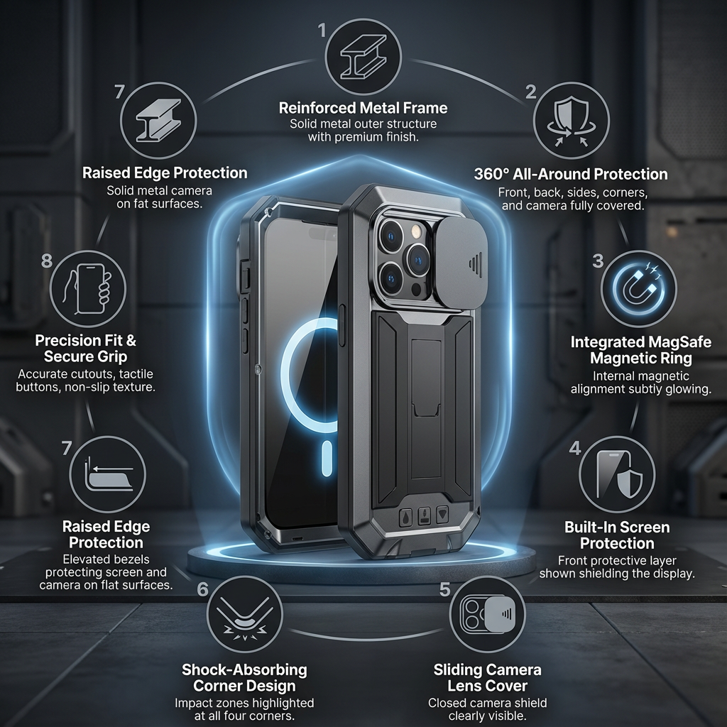 Military Heavy-Duty Metal iPhone Case – Full-Body Hybrid Cover with Slide Camera Protection & Built-in Screen Protector for iPhone Models