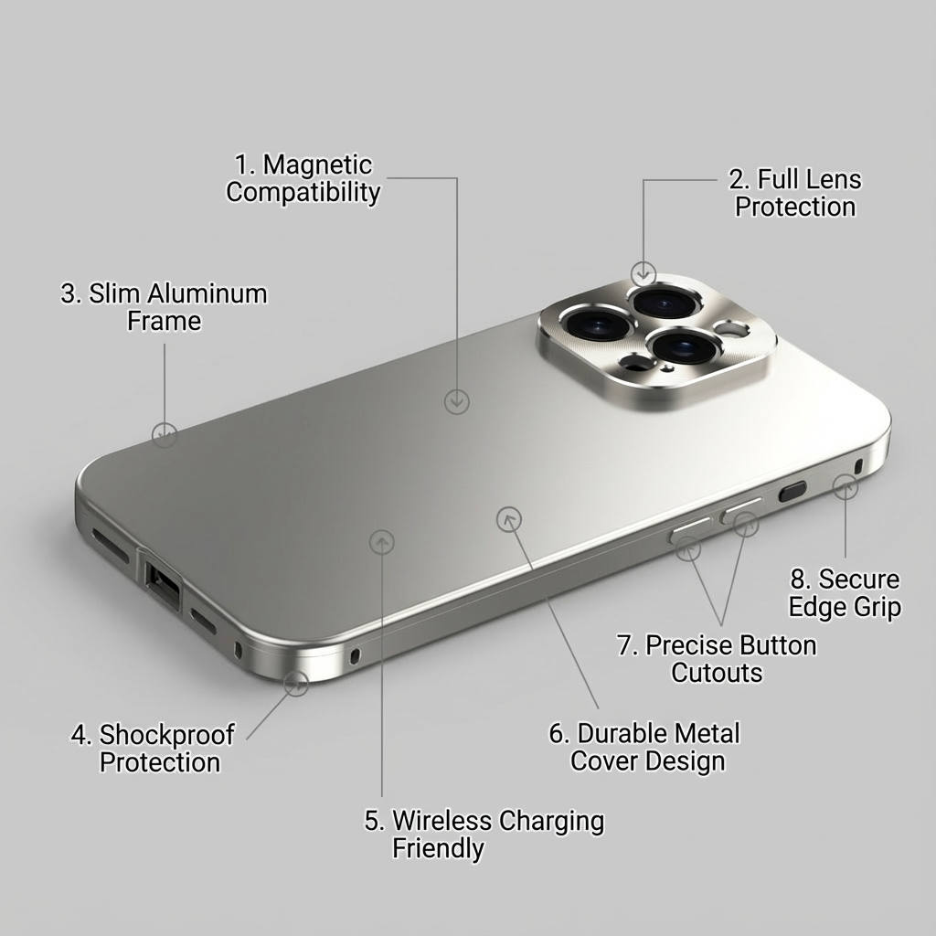 Luxury Shockproof Magnetic iPhone Case - Slim Aluminum Frame with Full Lens Protection, Wireless Charging Compatible, Durable Metal Cover Design