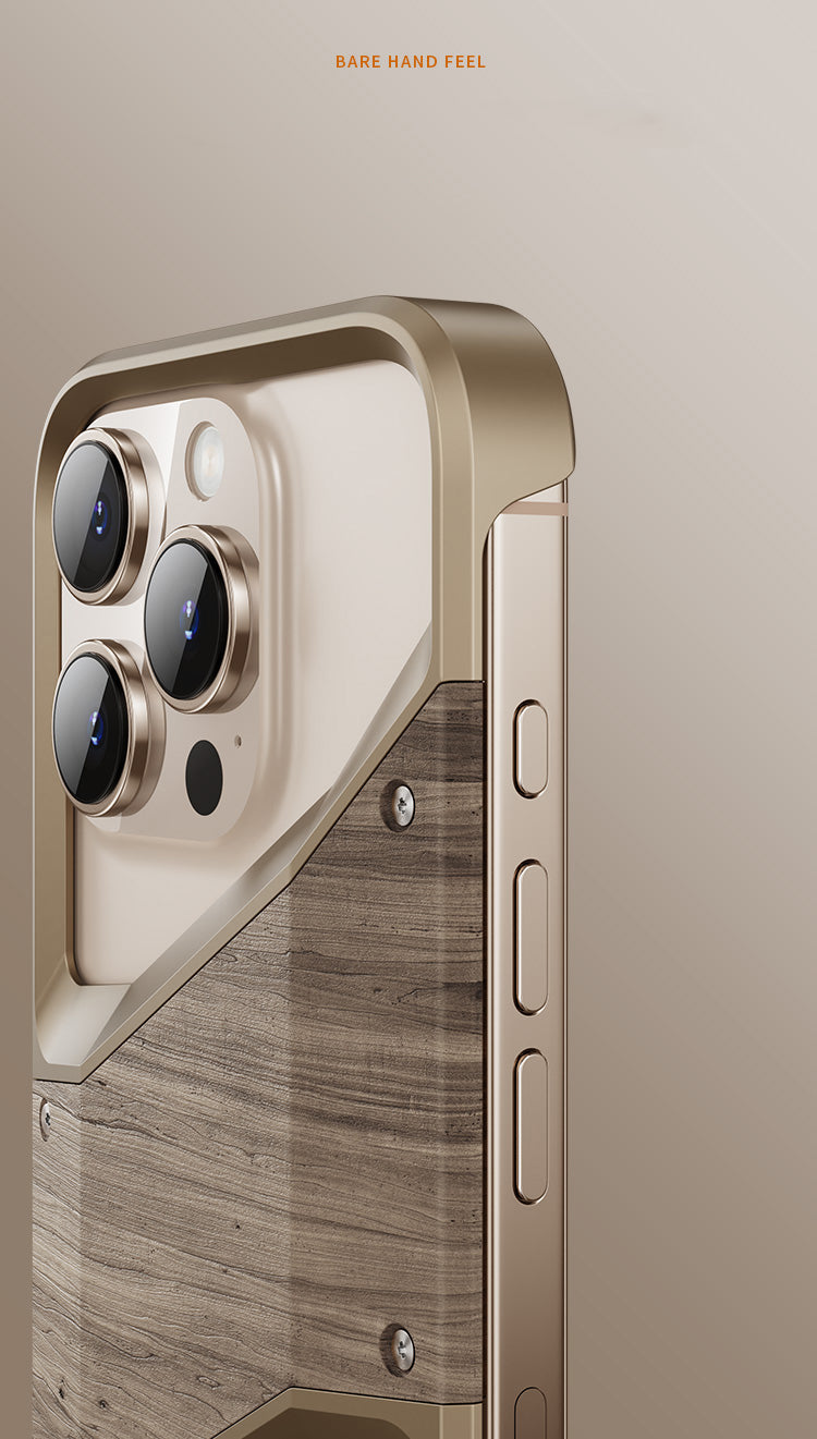 Irregular Metal Frame iPhone Case – Aluminum Alloy and Solid Wood Shockproof Frameless Cover for iPhone Models Design