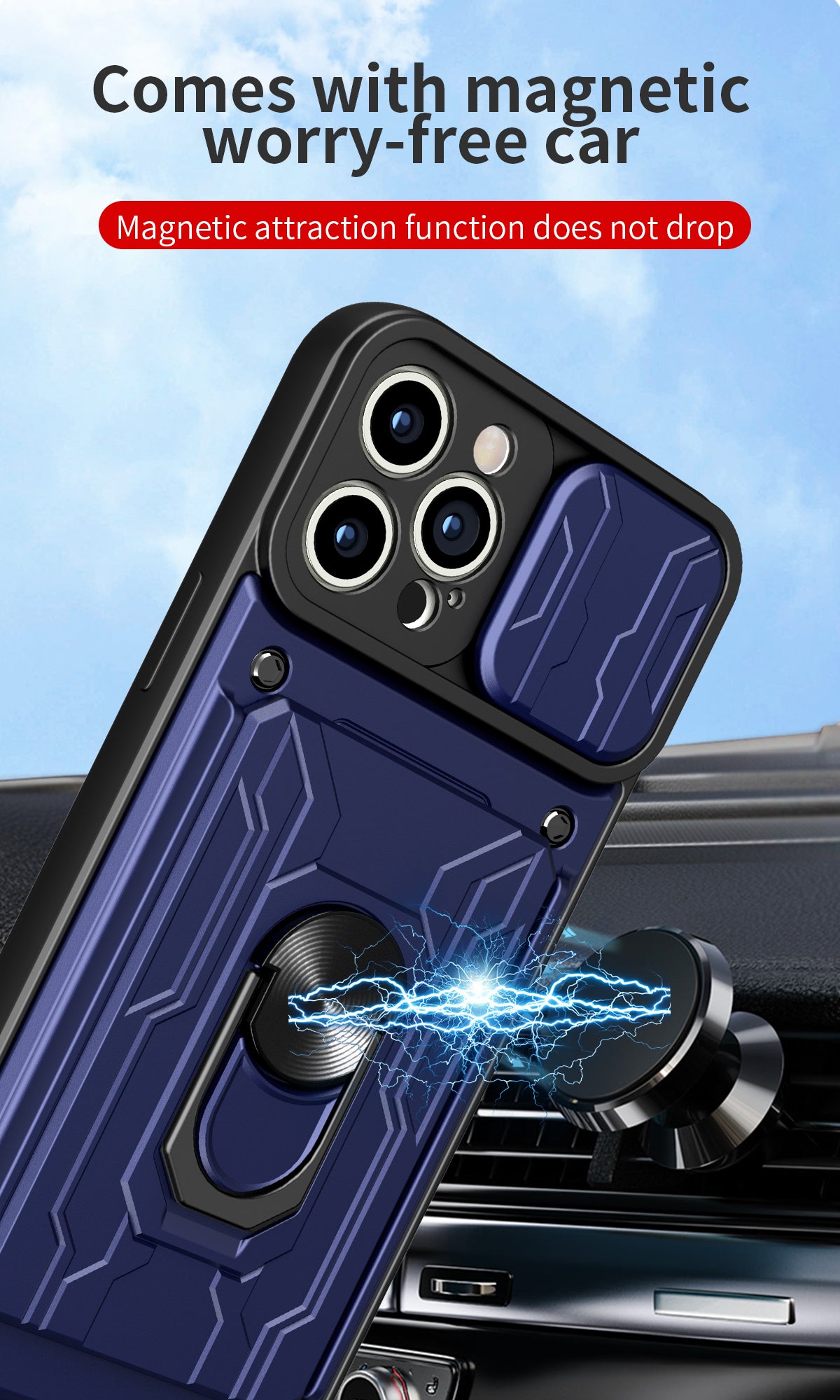 Hidden Slide Card Slot iPhone Case – Lens Protection, Magnetic Ring Stand, Shockproof Cover for iPhone Models