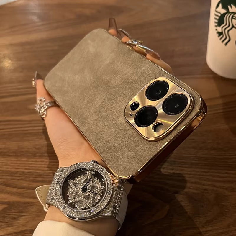 Luxury Leather iPhone Case – Lambskin Texture, Plating Bumper, Metal Lens Protection, Stylish & Durable Cover Case for iPhone