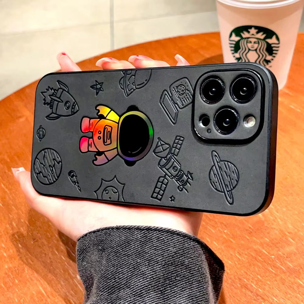 Premium Gradient Laser Astronaut iPhone Case – Faux Leather, Full Back Protection, Stylish & Durable Cover | Case for iPhone