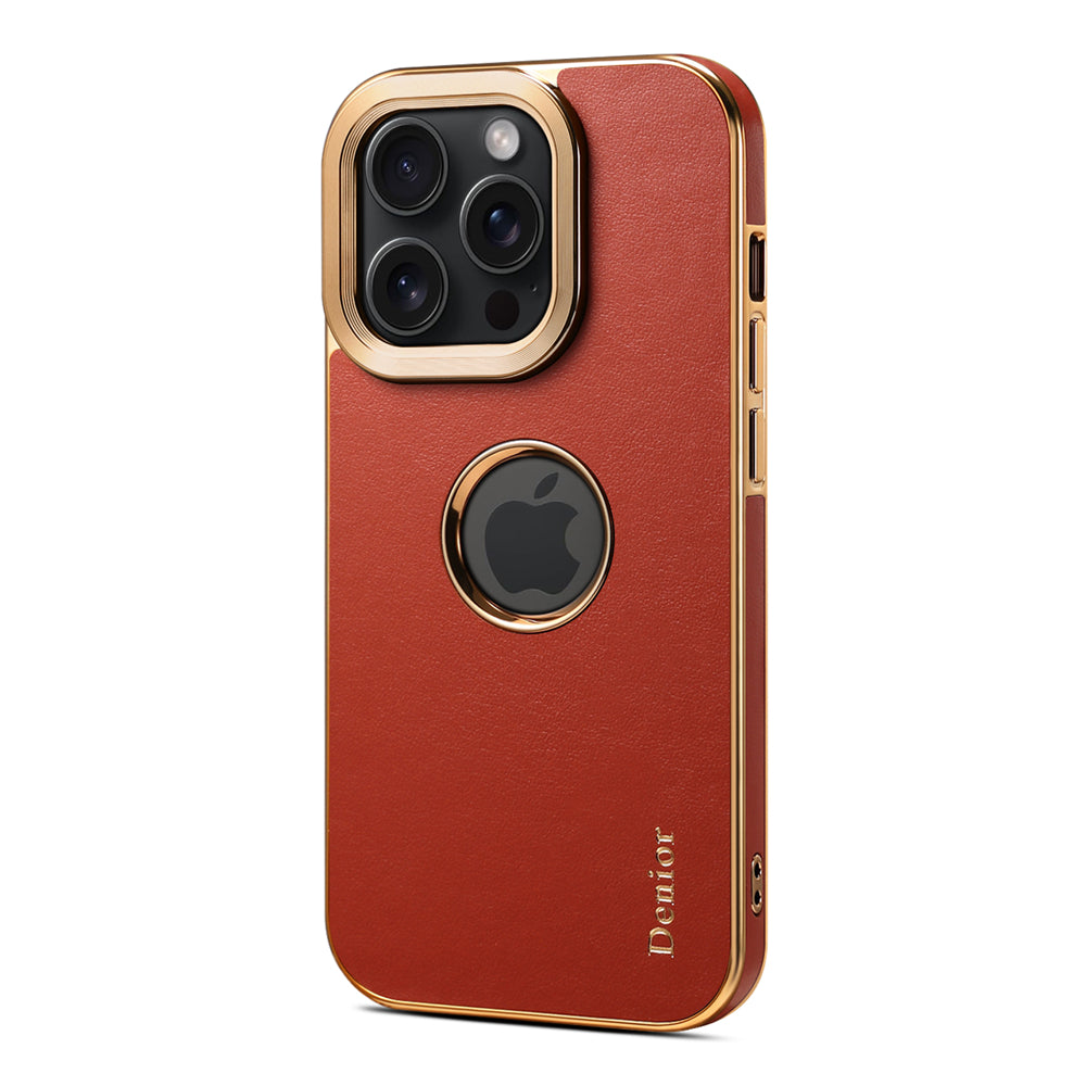 Luxury Business Cowhide Leather iPhone Case – Plating Shockproof Cover for iPhone Models, Sleek and Durable Design