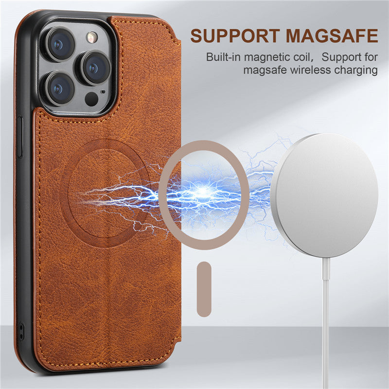 Luxury Leather Magnetic Flip iPhone Case – MagSafe Wallet Card Holder, Wireless Charging Compatible, Shockproof Protection, Elegant Design for iPhone Models